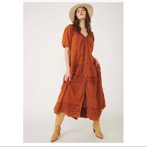 Free People Sunday Stroll Maxi Dress smocked oversized Small Burnt Clay Combo